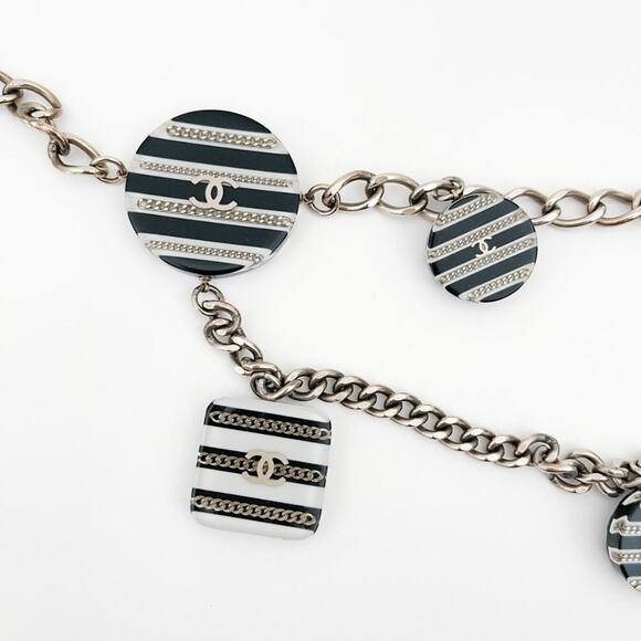 CHANEL 2005 CC Chain Belt Necklace Black and White Stripe Resin Charms Logo - Picture 8 of 16
